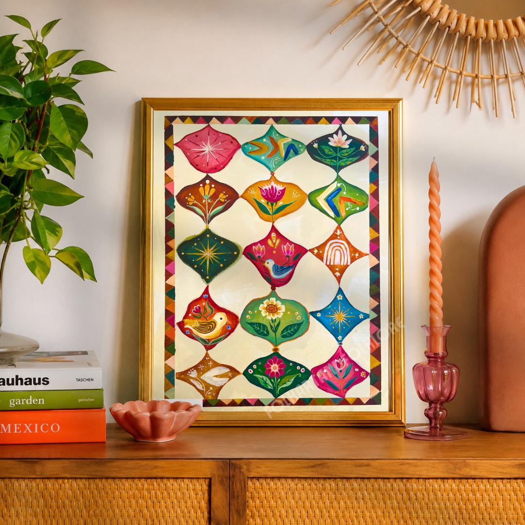 Mid Century Modern Original Art Print - Hand Painted Maximalist Folk Wall Art