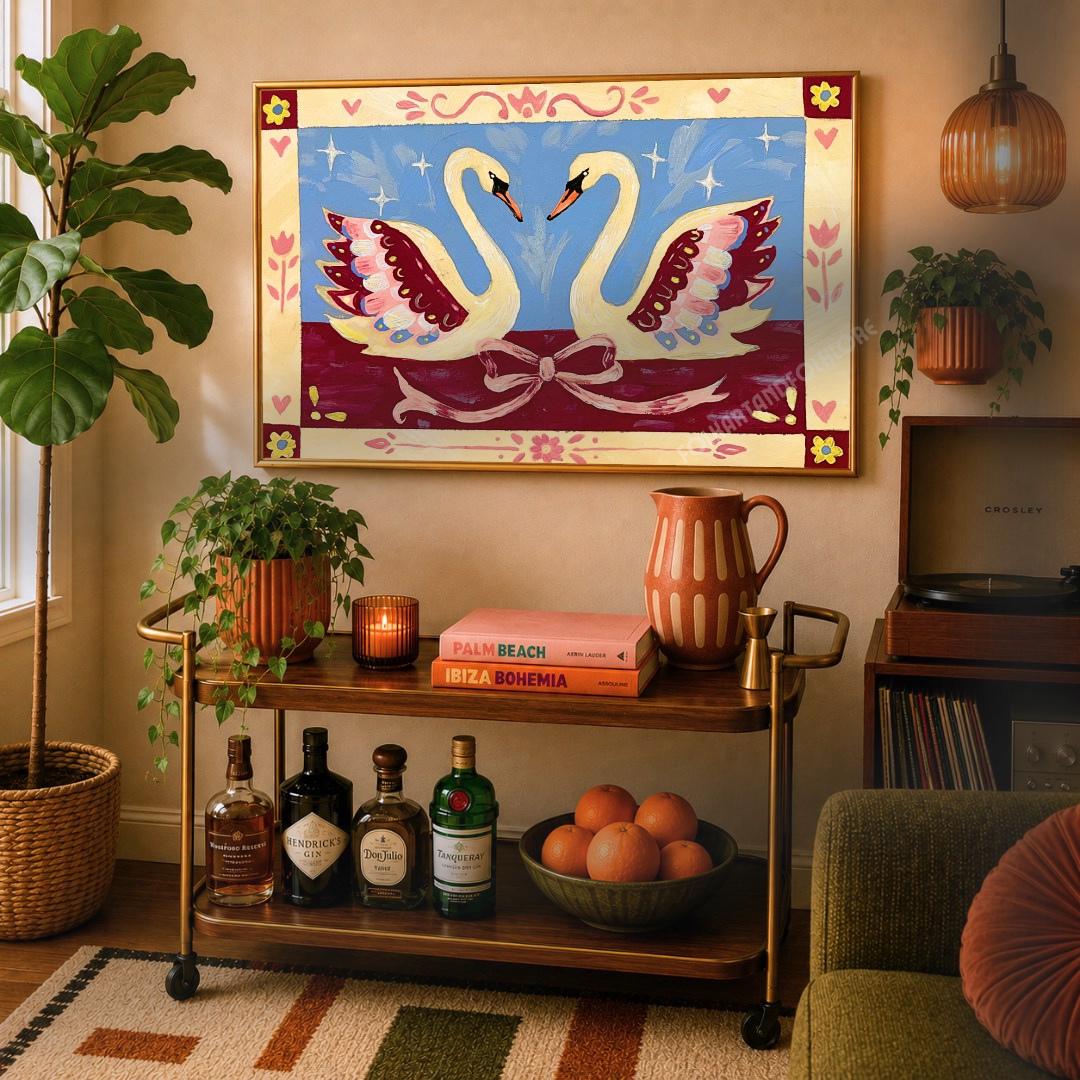 Romantic Folk Art Swans Art Print - Blue and Burgundy Wall Decor Horizontal Original Artwork