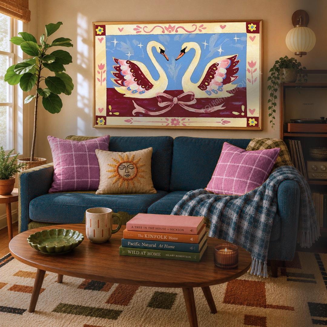 Romantic Folk Art Swans Art Print - Blue and Burgundy Wall Decor Horizontal Original Artwork