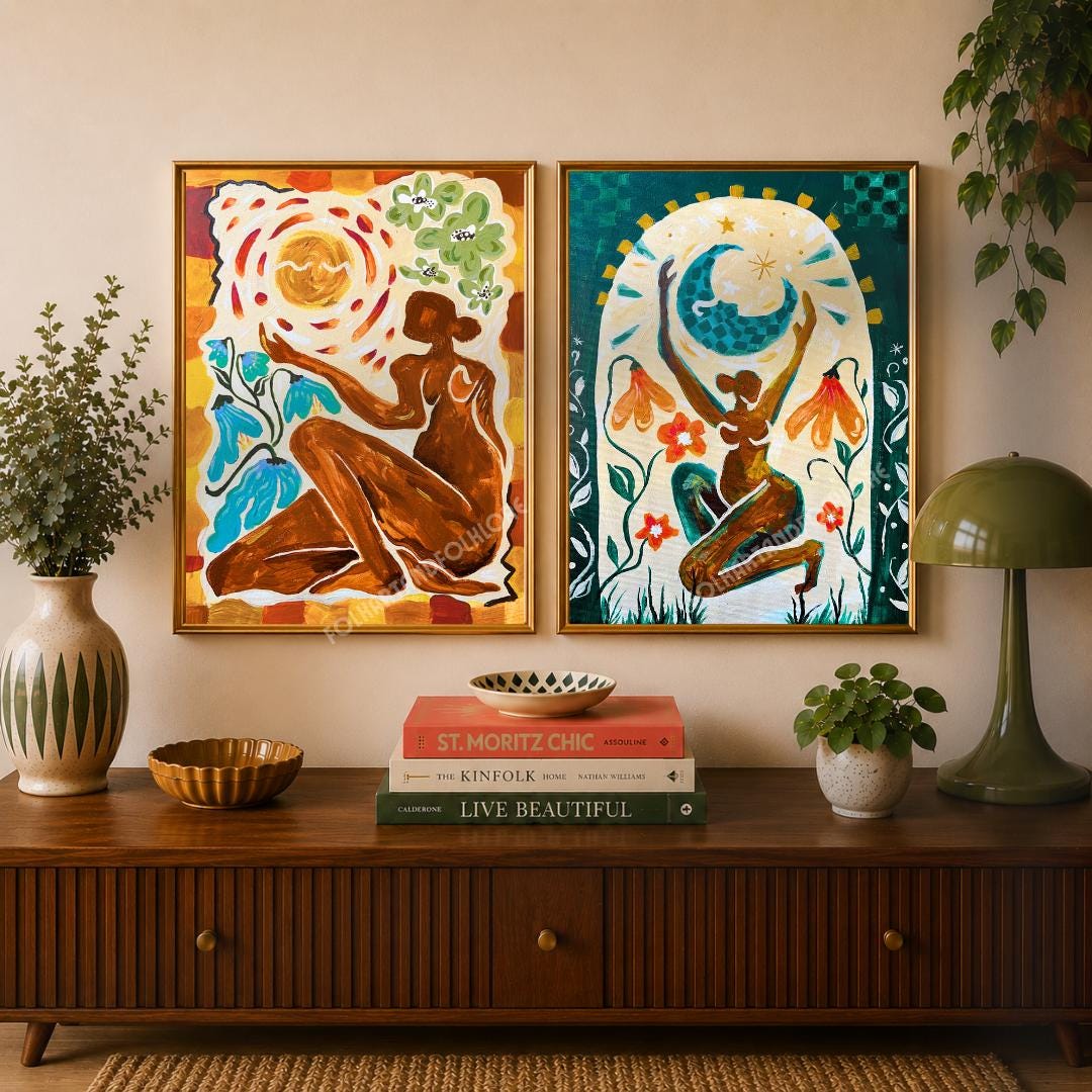 Set of Two Feminine Art Prints - Sun and Moon Wall Decor