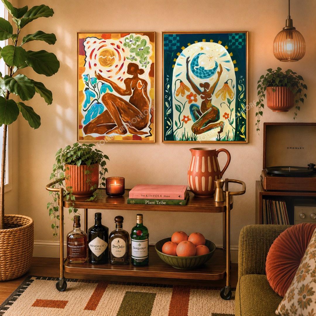 Set of Two Feminine Art Prints - Sun and Moon Wall Decor