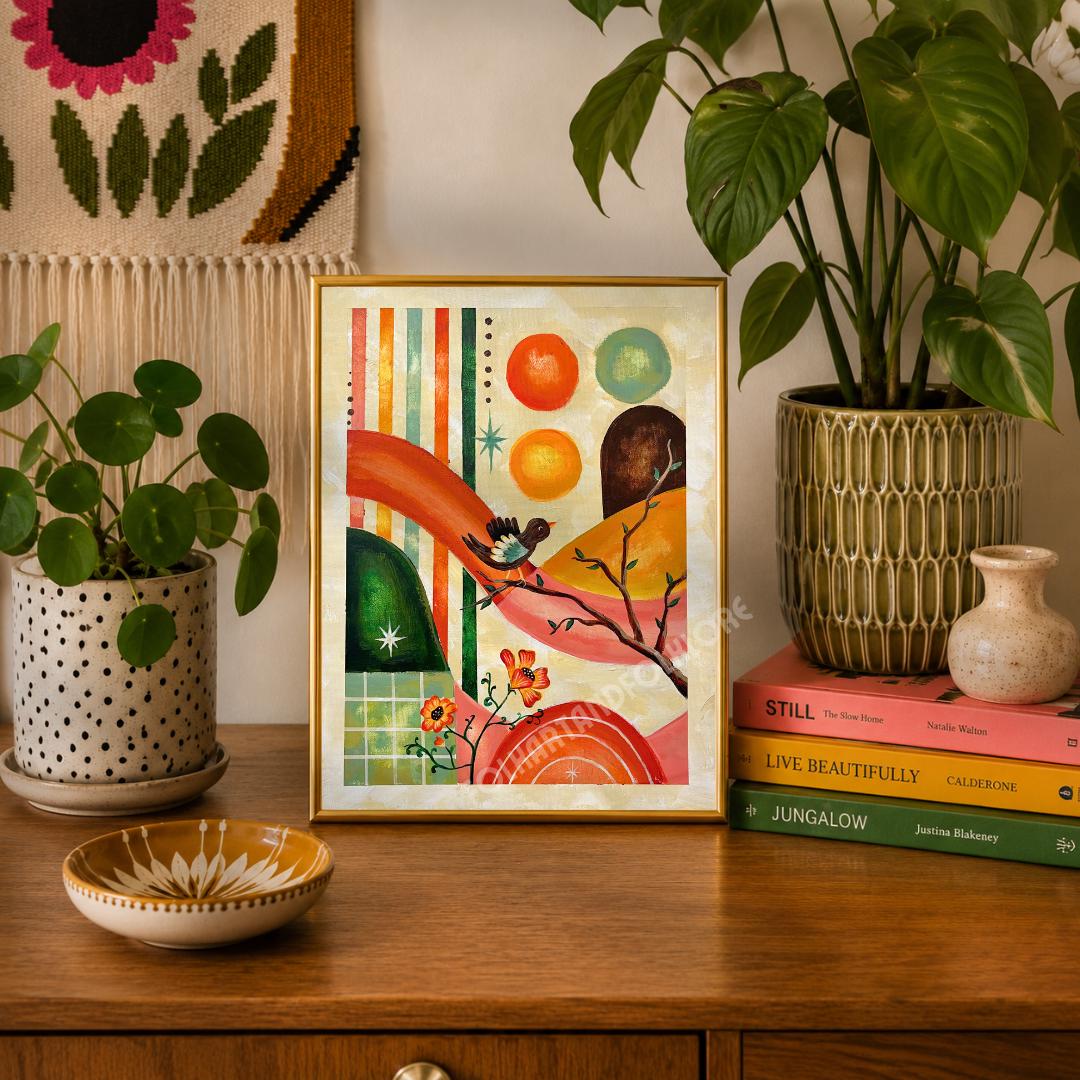 Golden Hour Art Print - Mid Century Modern Original Hand Painted Orange Folk Wall Decor