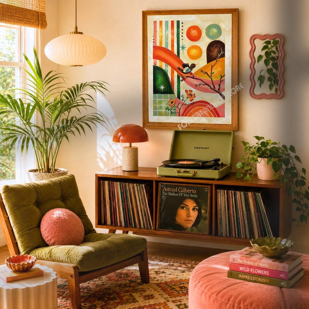Golden Hour Art Print - Mid Century Modern Original Hand Painted Orange Folk Wall Decor