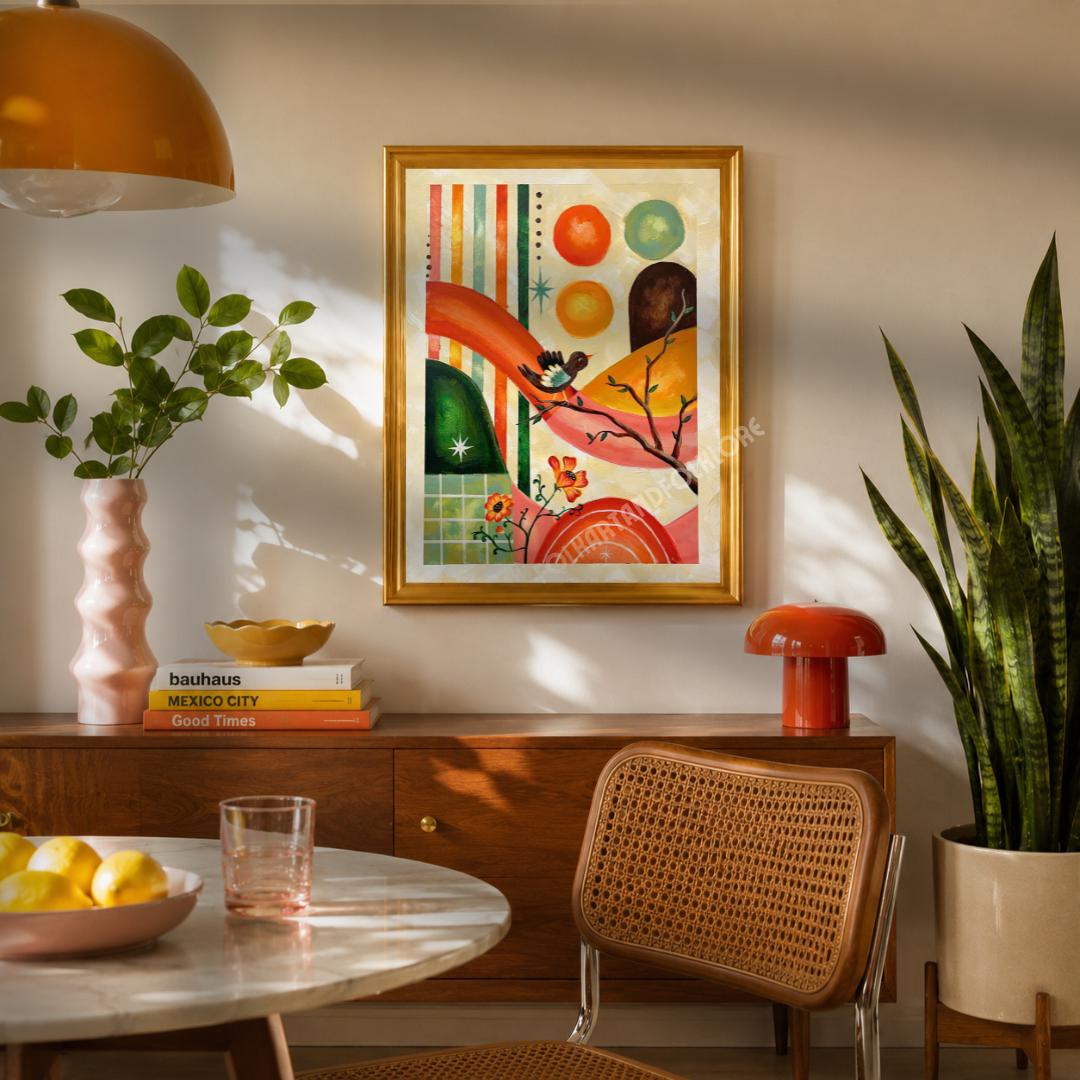Golden Hour Art Print - Mid Century Modern Original Hand Painted Orange Folk Wall Decor