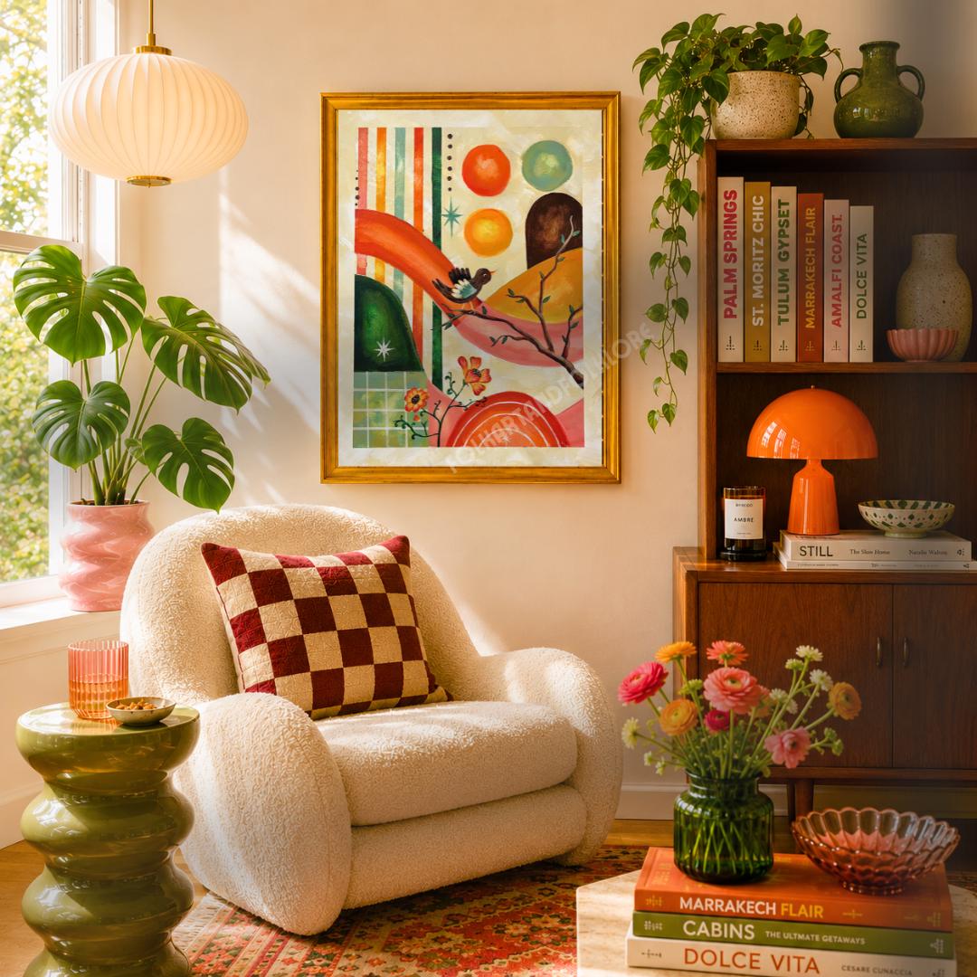 Golden Hour Art Print - Mid Century Modern Original Hand Painted Orange Folk Wall Decor