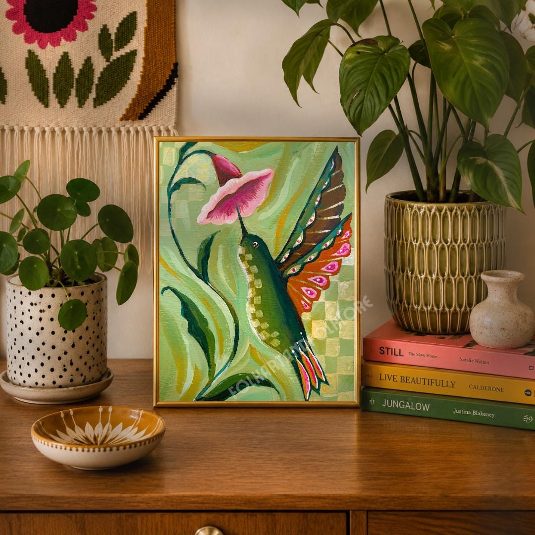 Hand Painted Hummingbird Print - Sage Green and Pink Wall Art Bird Lover Gift