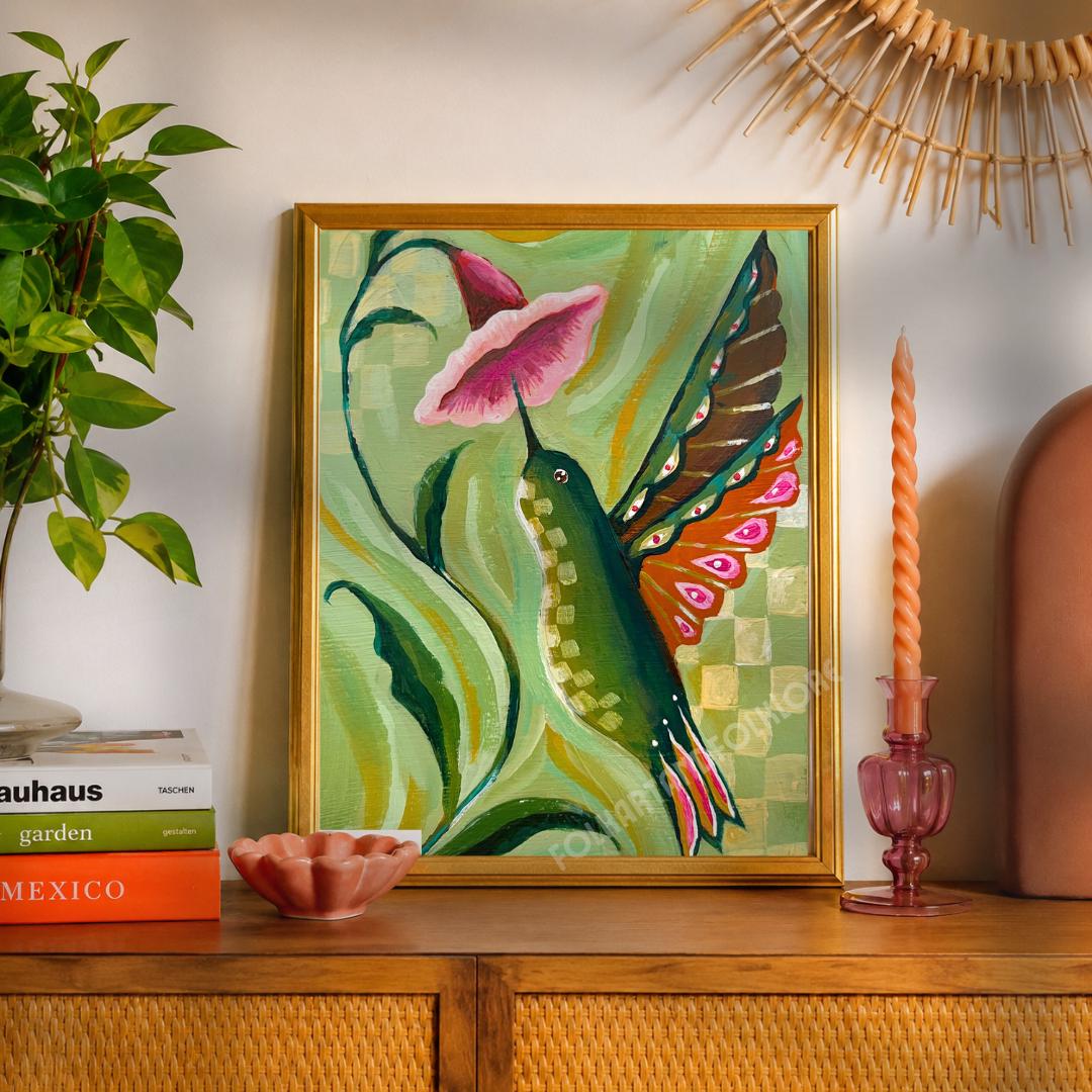 Hand Painted Hummingbird Print - Sage Green and Pink Wall Art Bird Lover Gift