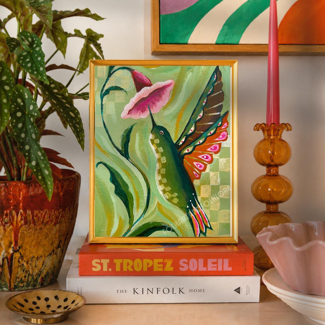 Hand Painted Hummingbird Print - Sage Green and Pink Wall Art Bird Lover Gift