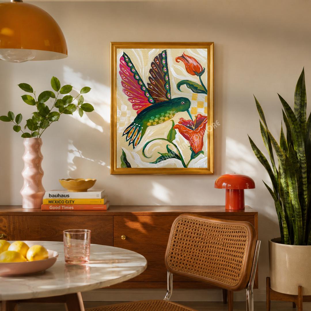 Hand Painted Hummingbird Print - Sage Green and Pink Wall Art Bird Lover Gift