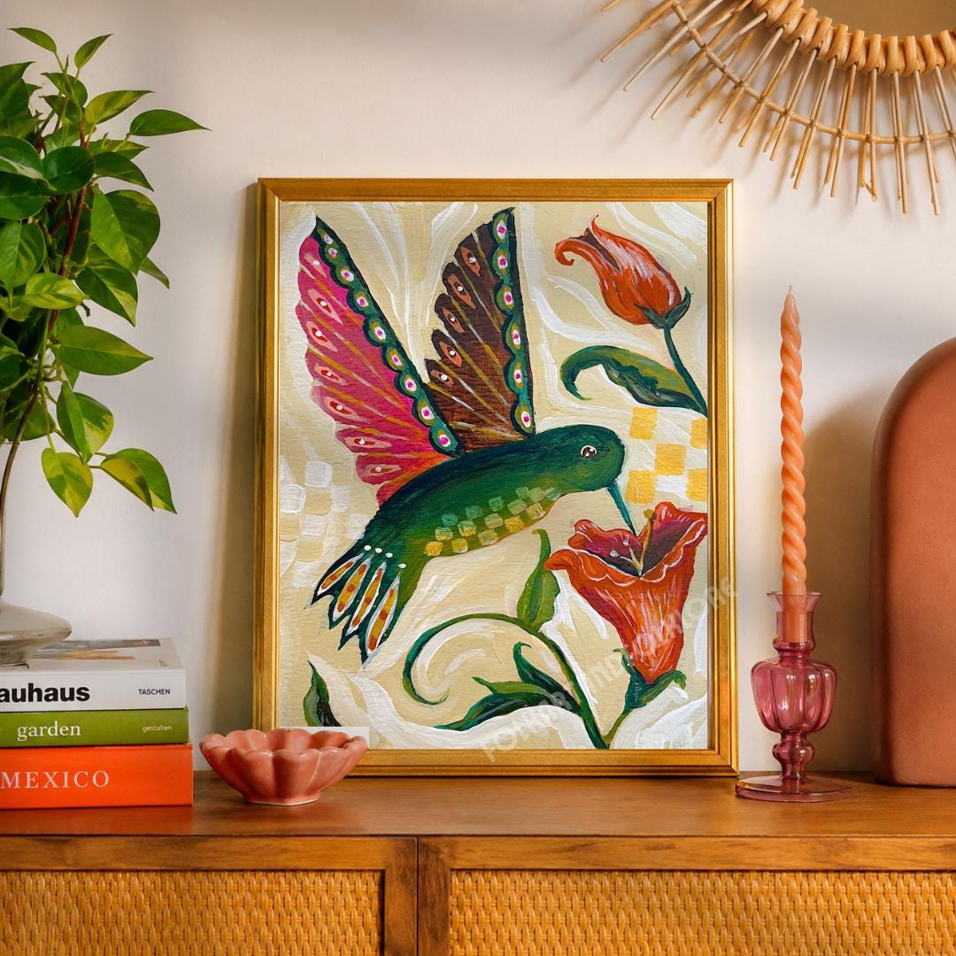 Hand Painted Hummingbird Print - Sage Green and Pink Wall Art Bird Lover Gift