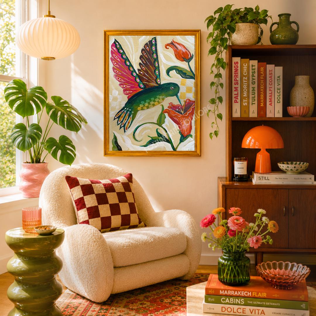 Hand Painted Hummingbird Print - Sage Green and Pink Wall Art Bird Lover Gift