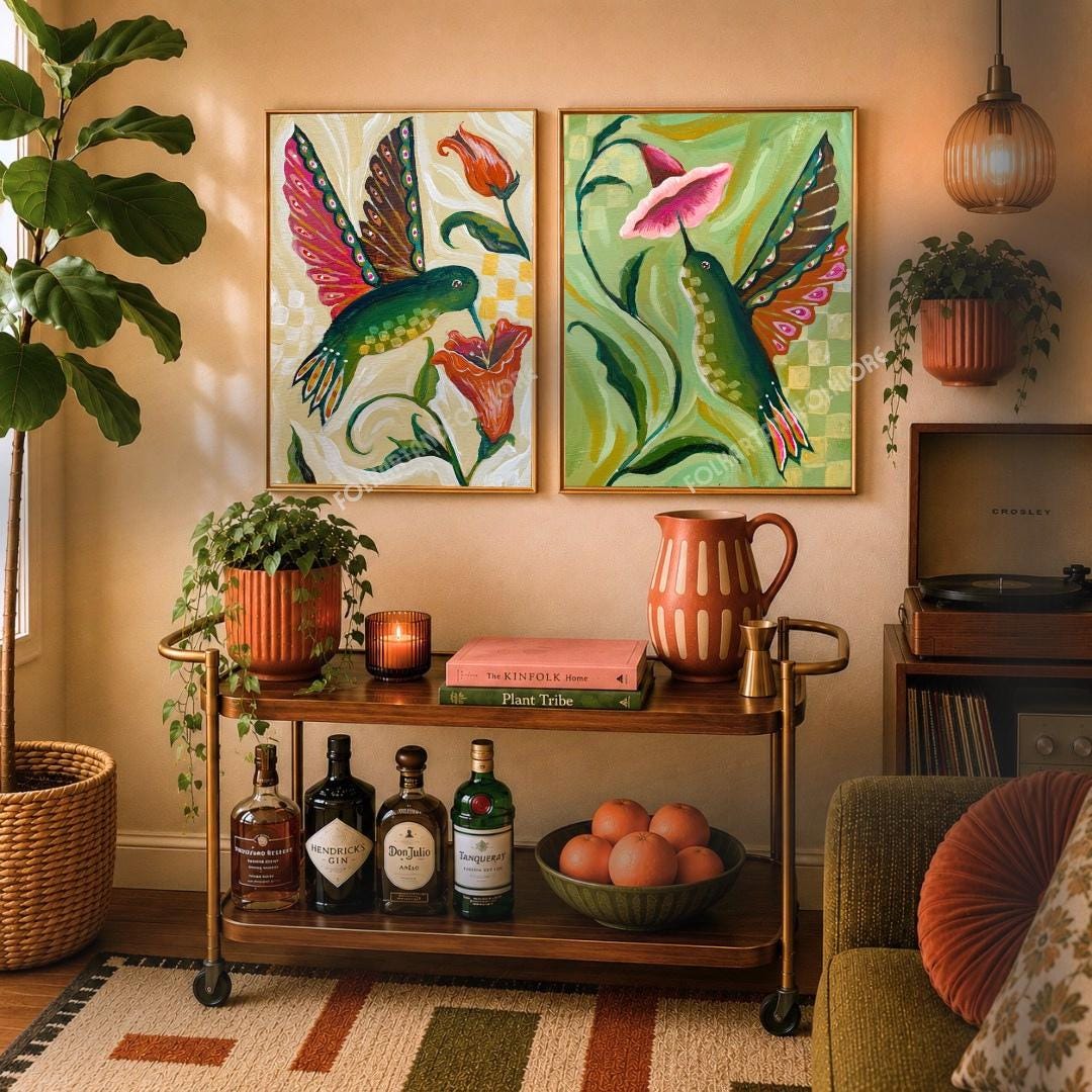 Set of Two Hummingbird Prints - Hand Painted Original Art Sage Green and Orange