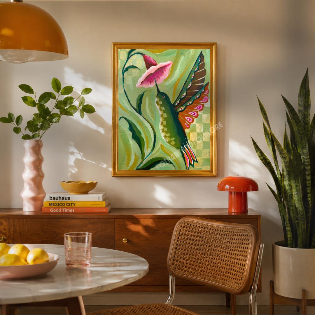 Hand Painted Hummingbird Print - Sage Green and Pink Wall Art Bird Lover Gift