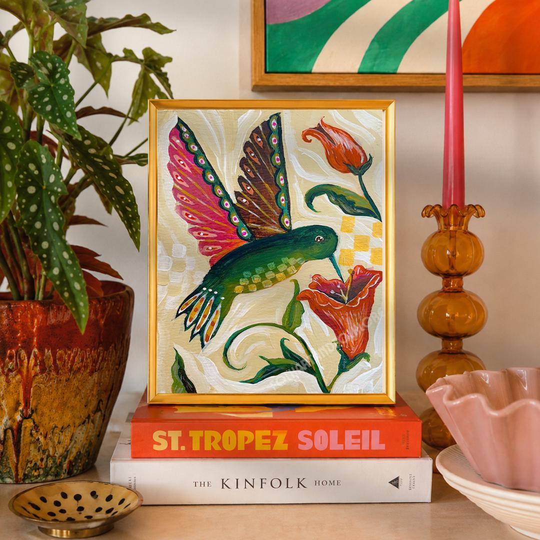 Hand Painted Hummingbird Print - Sage Green and Pink Wall Art Bird Lover Gift