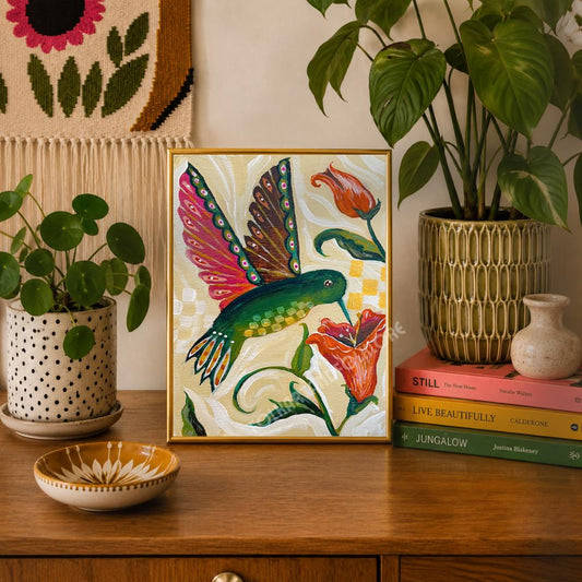 Hand Painted Hummingbird Print - Sage Green and Pink Wall Art Bird Lover Gift