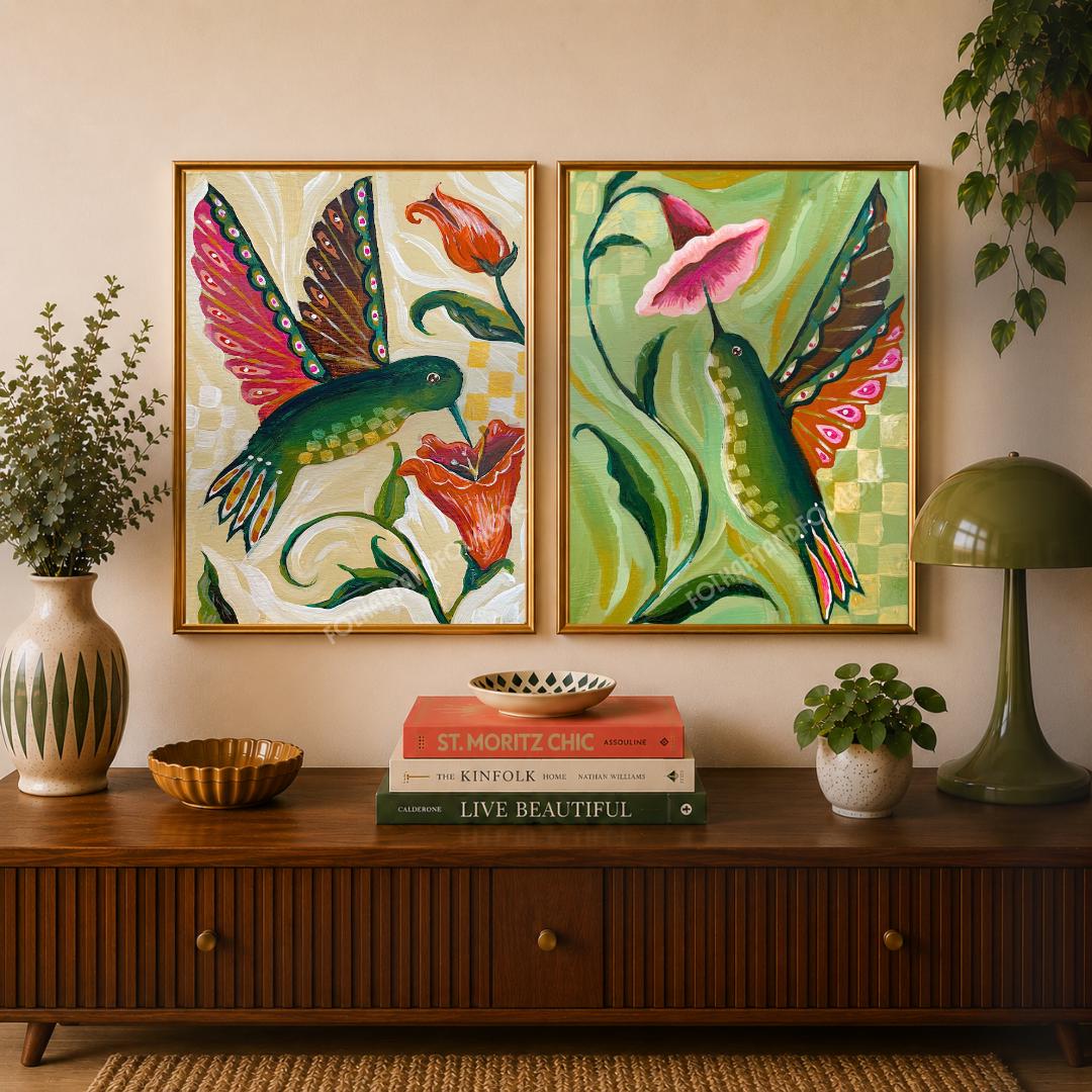 Set of Two Hummingbird Prints - Hand Painted Original Art Sage Green and Orange