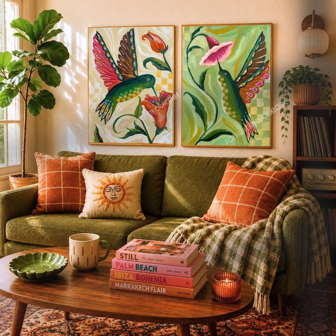 Set of Two Hummingbird Prints - Hand Painted Original Art Sage Green and Orange