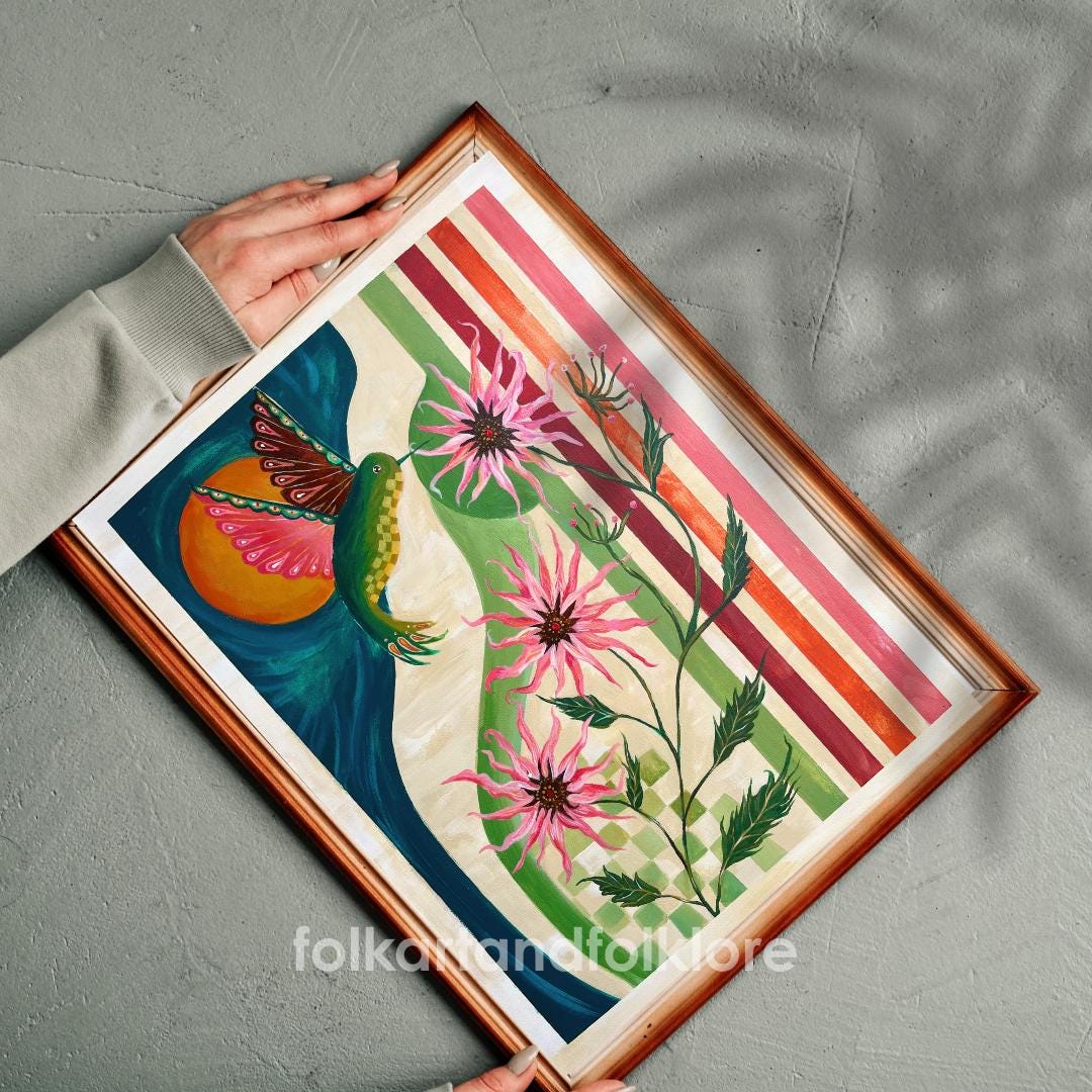 Retro Hummingbird Bloom Print - Original Art Mid Century Modern Nature Wall Decor MCM Colorful
