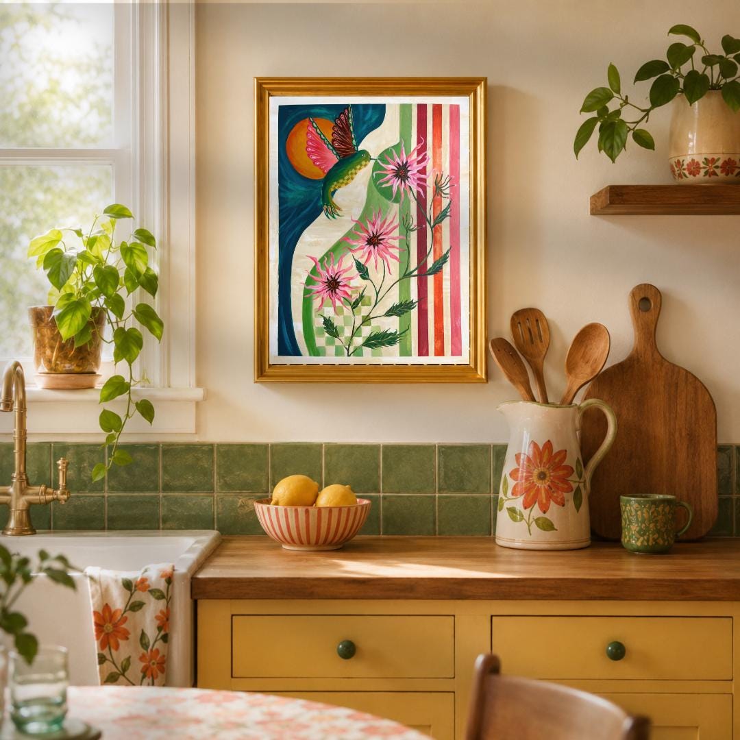 Retro Hummingbird Bloom Print - Original Art Mid Century Modern Nature Wall Decor MCM Colorful