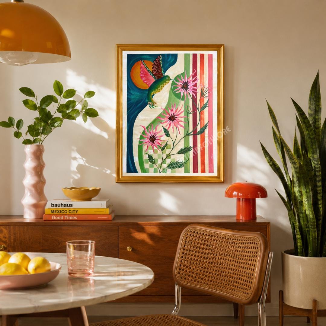 Retro Hummingbird Bloom Print - Original Art Mid Century Modern Nature Wall Decor MCM Colorful