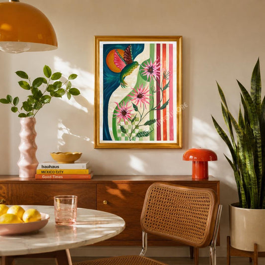 Retro Hummingbird Bloom Print - Original Art Mid Century Modern Nature Wall Decor MCM Colorful
