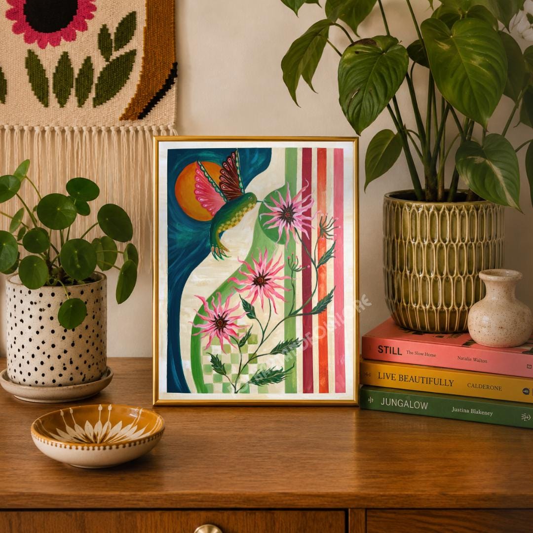 Retro Hummingbird Bloom Print - Original Art Mid Century Modern Nature Wall Decor MCM Colorful