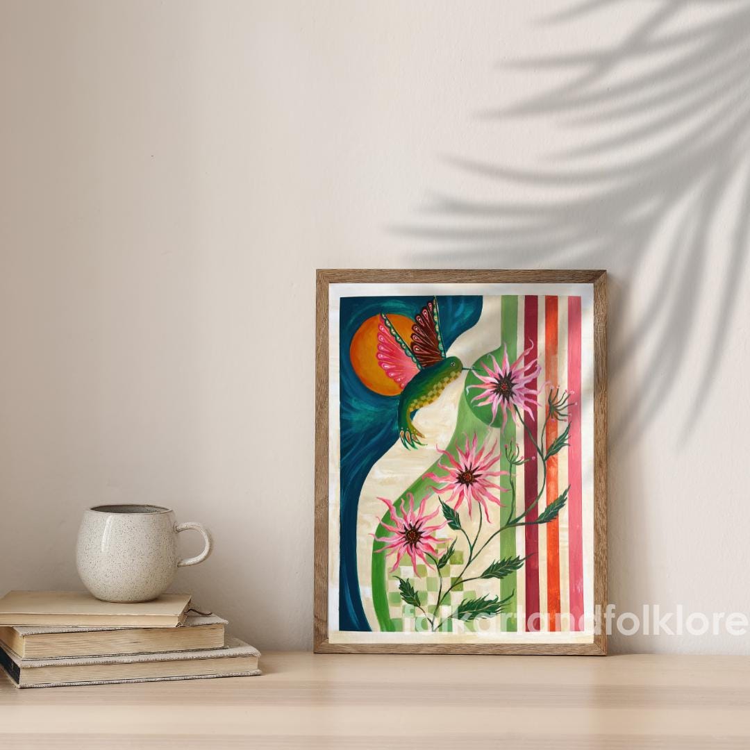 Retro Hummingbird Bloom Print - Original Art Mid Century Modern Nature Wall Decor MCM Colorful