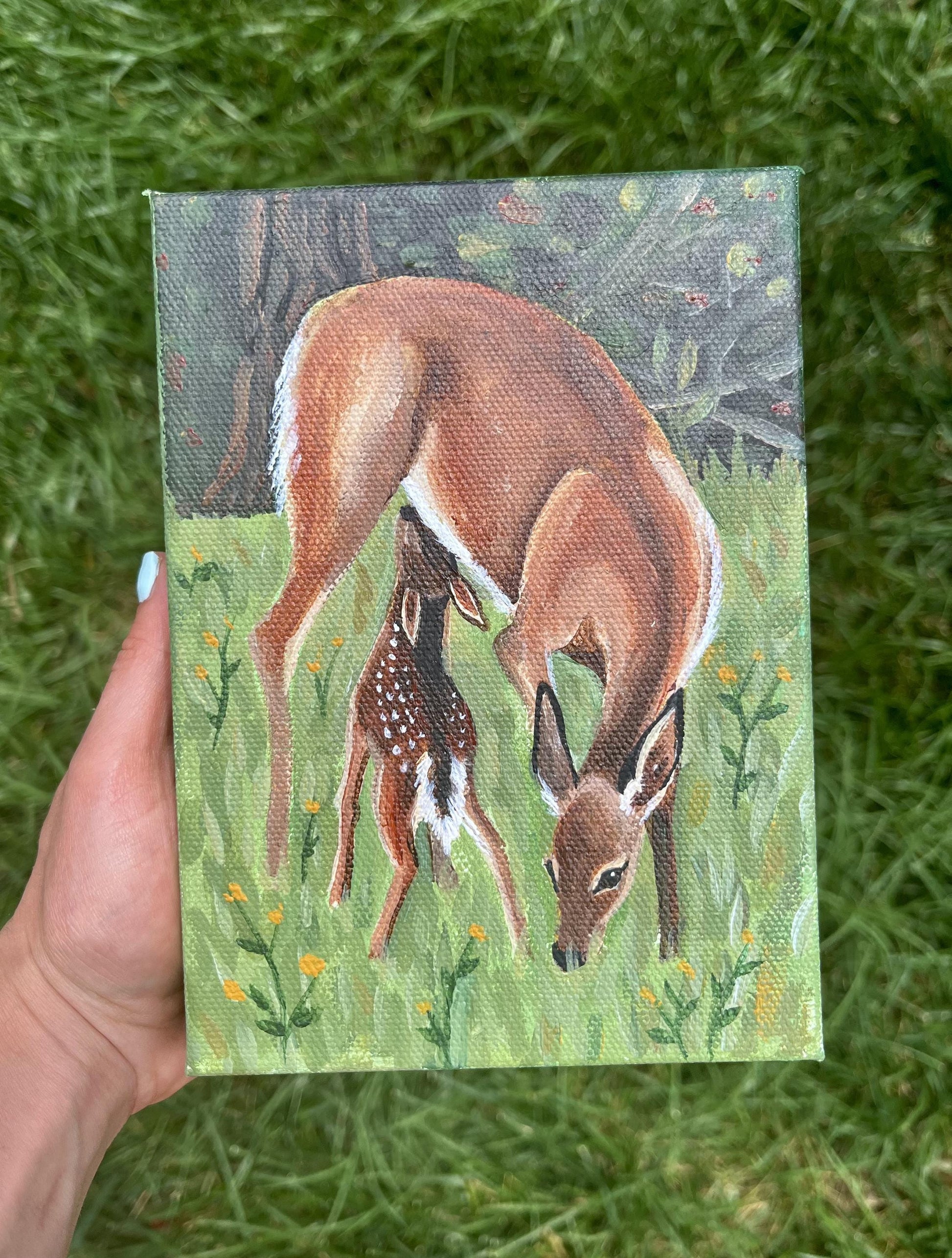 Doe and Fawn Original Painting - 5x7" Canvas,