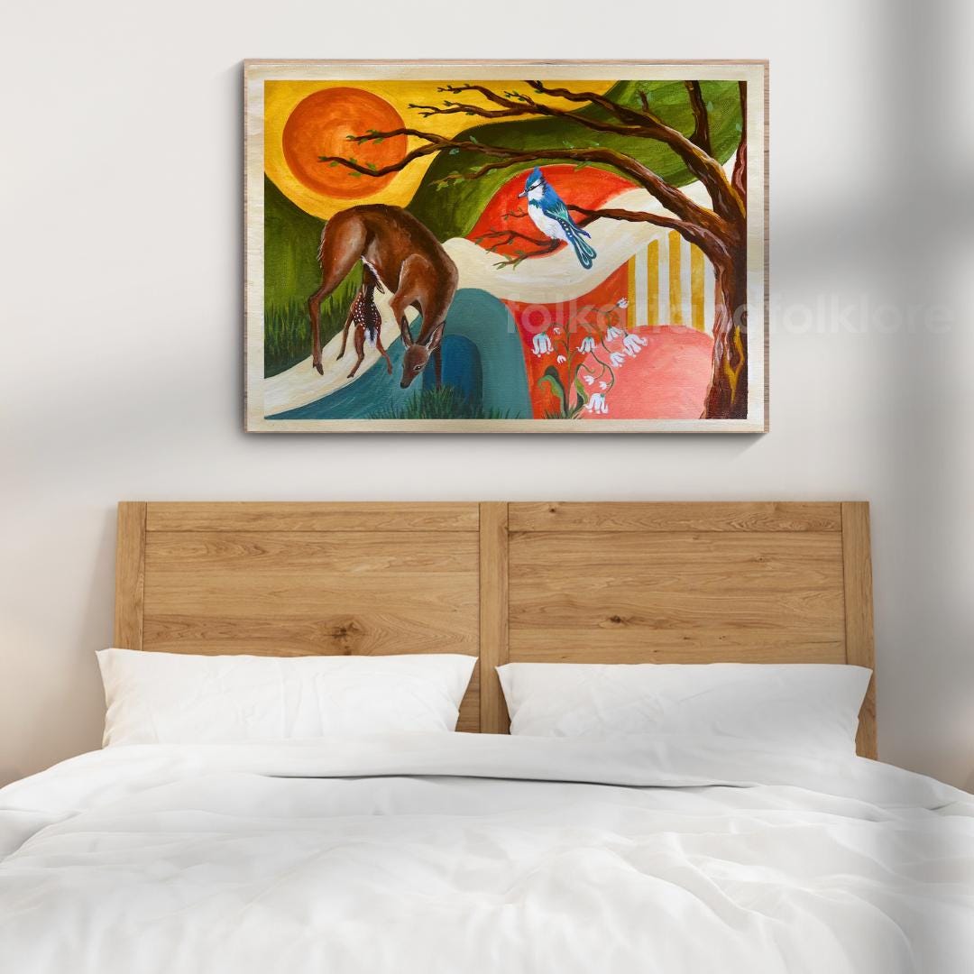 Mid Century Modern Wall Art Original Art Print – Folk Art Doe, Fawn, Blue Jay, Woodland Sunset