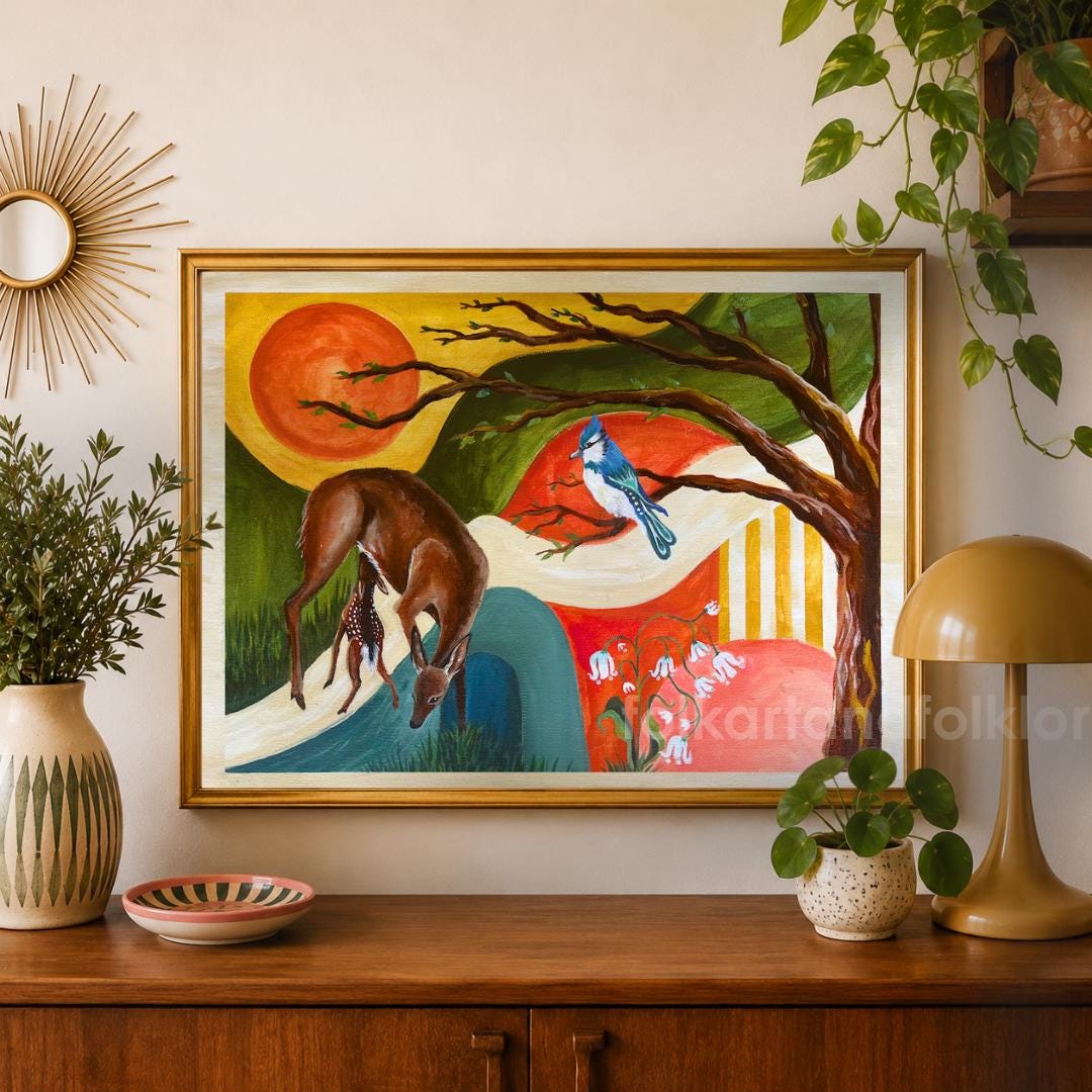 Mid Century Modern Wall Art Original Art Print – Folk Art Doe, Fawn, Blue Jay, Woodland Sunset