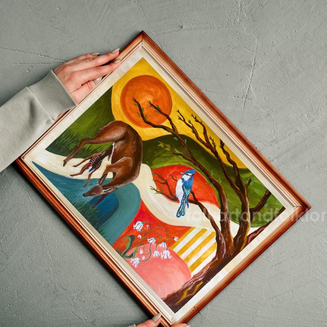 Mid Century Modern Wall Art Original Art Print – Folk Art Doe, Fawn, Blue Jay, Woodland Sunset