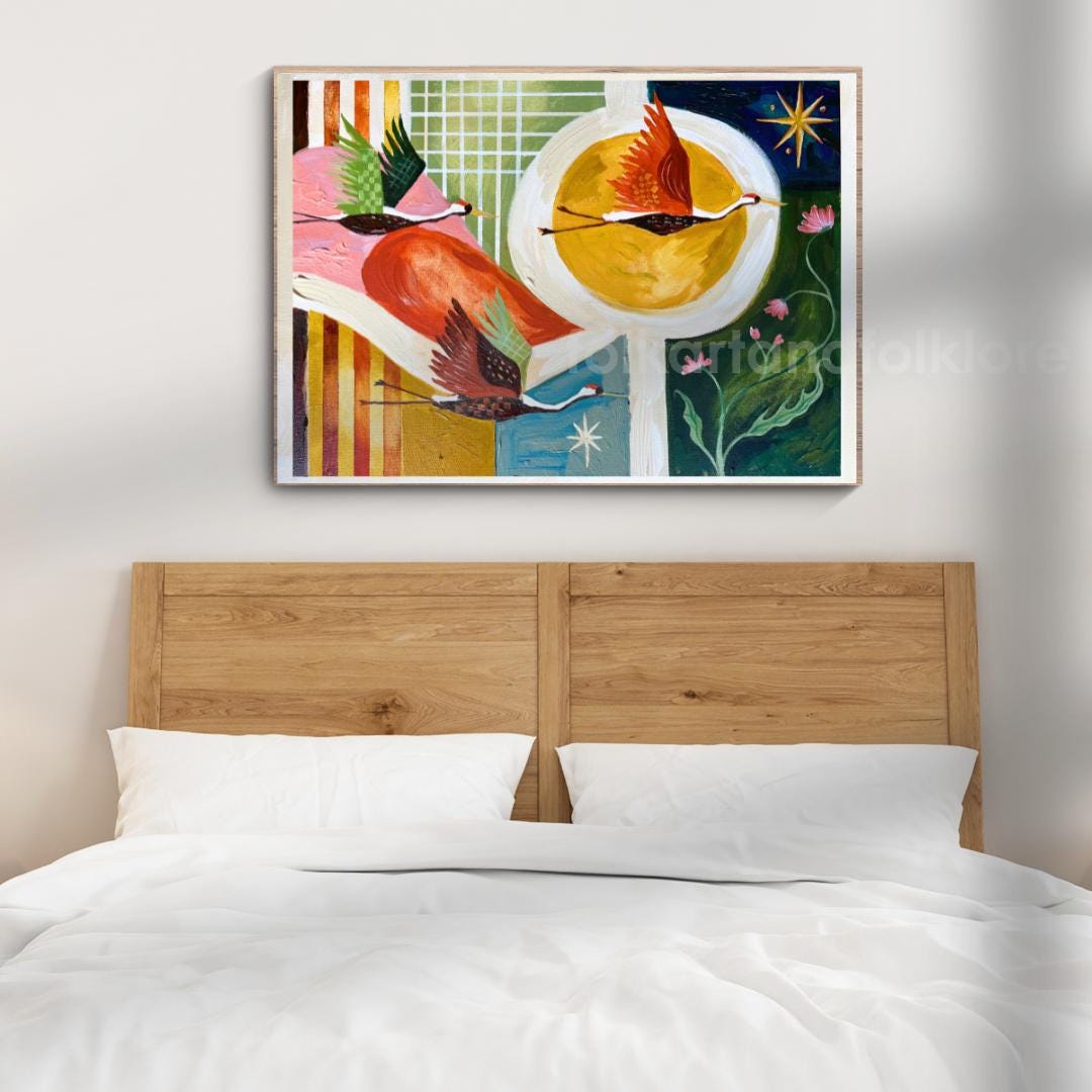 Mid Century Modern Cranes In Flight Art Print - Vibrant MCM Wall Decor Original Art Print