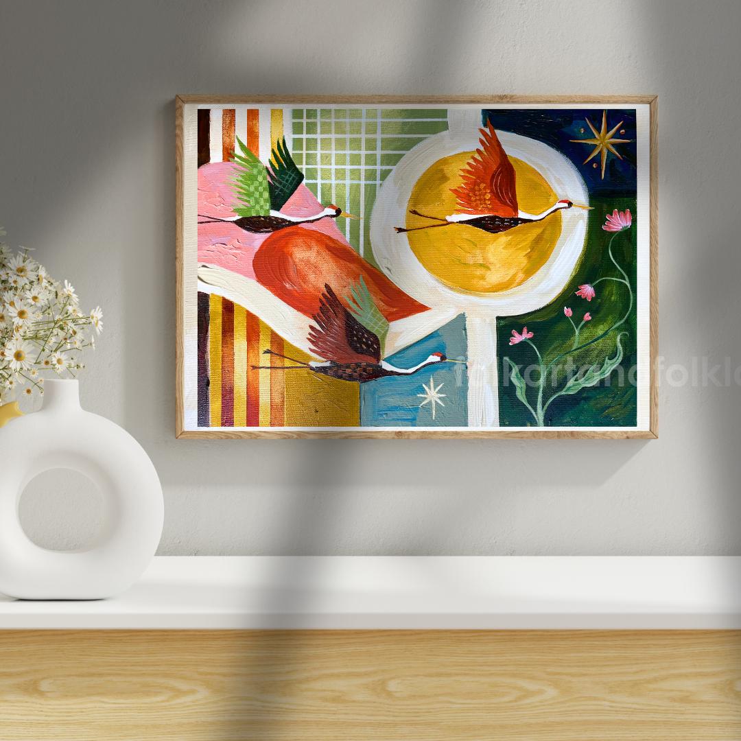 Mid Century Modern Cranes In Flight Art Print - Vibrant MCM Wall Decor Original Art Print