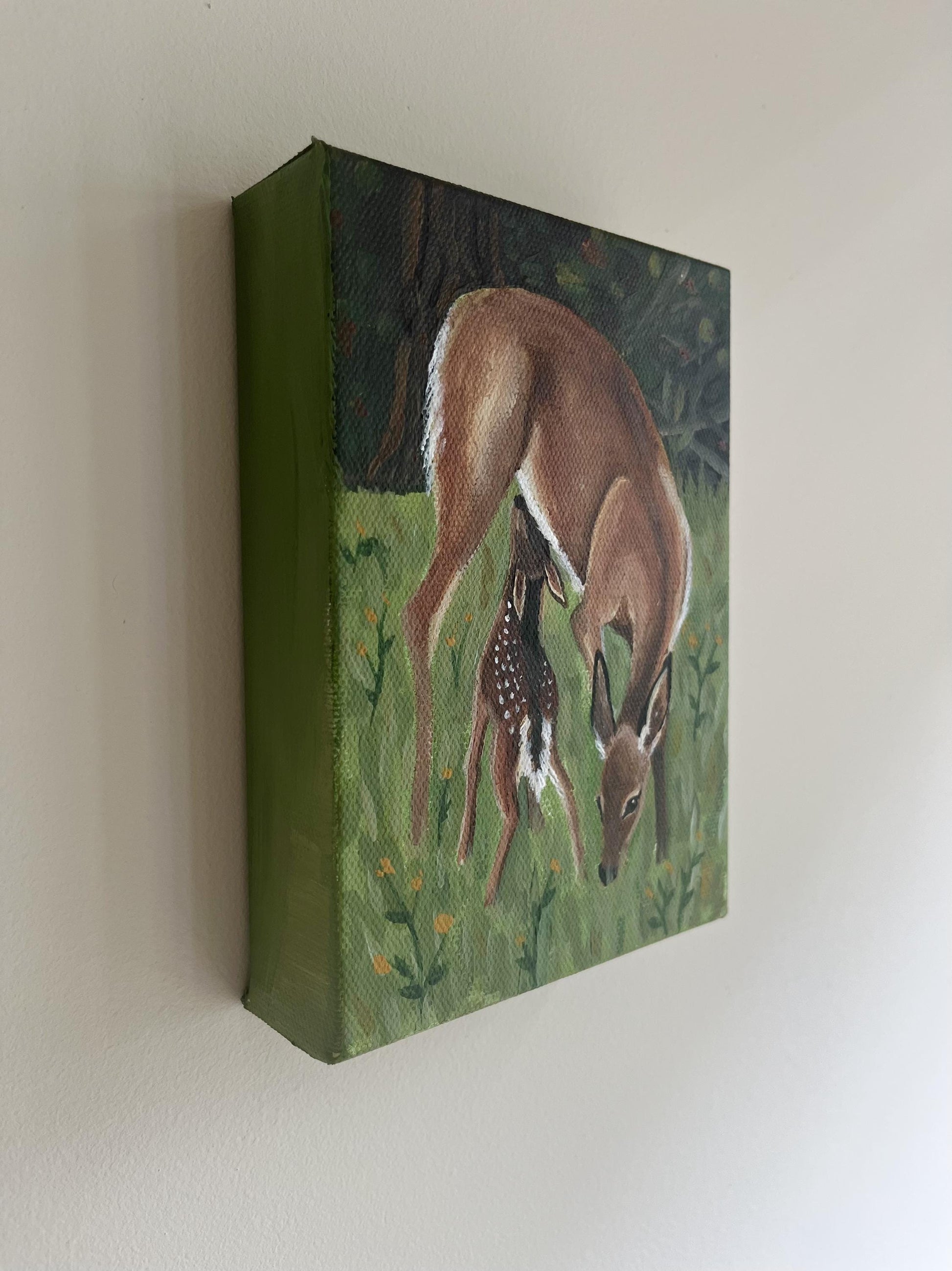 Doe and Fawn Original Painting - 5x7" Canvas,