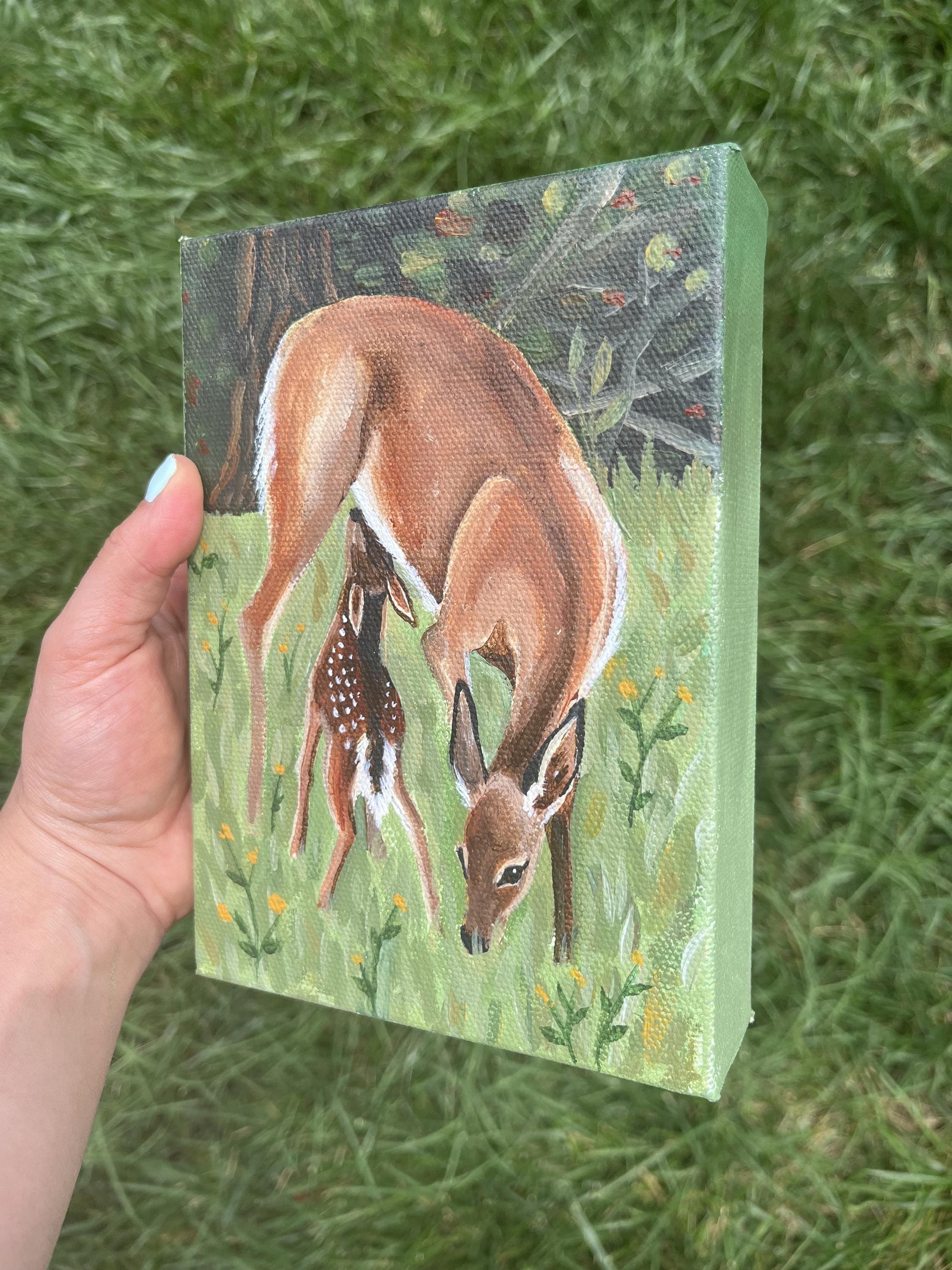 Doe and Fawn Original Painting - 5x7" Canvas,