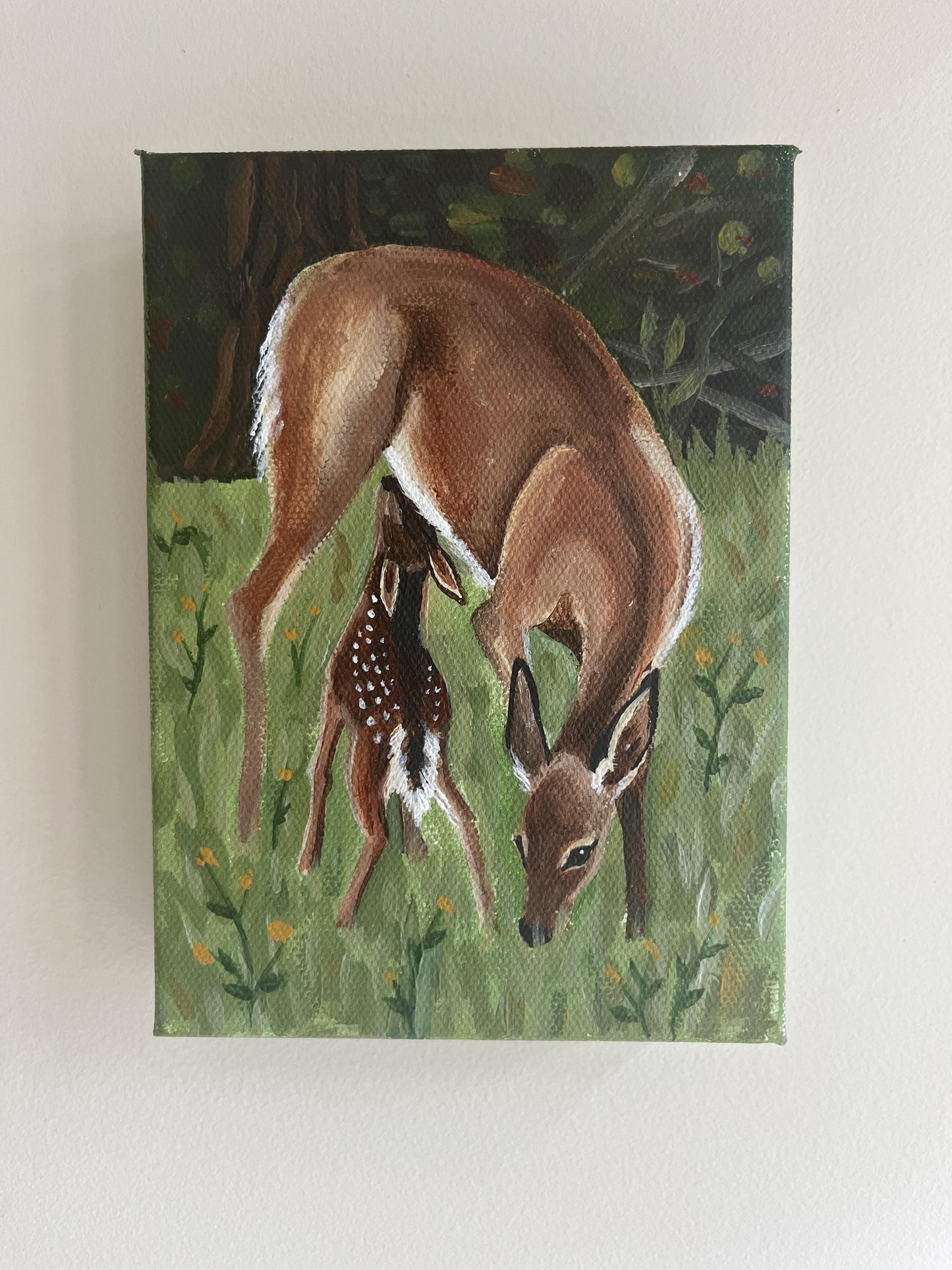 Doe and Fawn Original Painting - 5x7" Canvas,