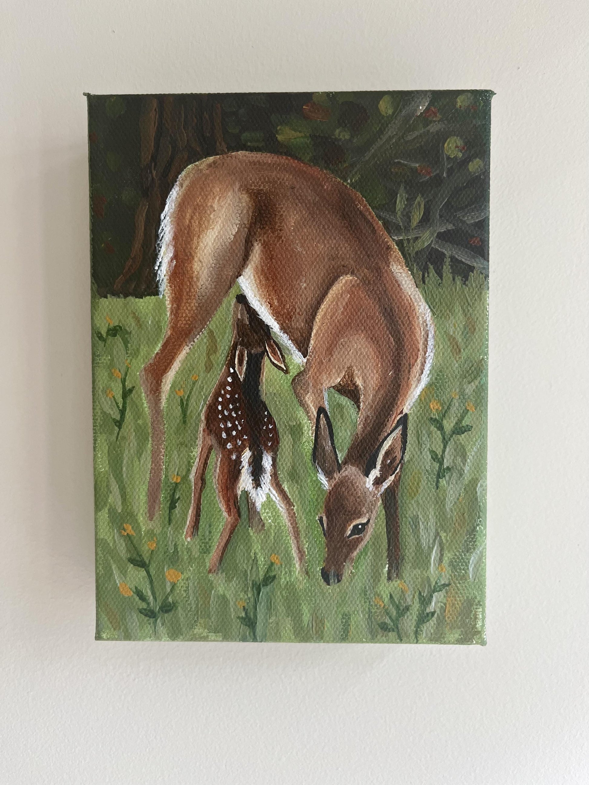 Doe and Fawn Original Painting - 5x7" Canvas,