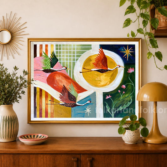 Mid Century Modern Cranes In Flight Art Print - Vibrant MCM Wall Decor Original Art Print