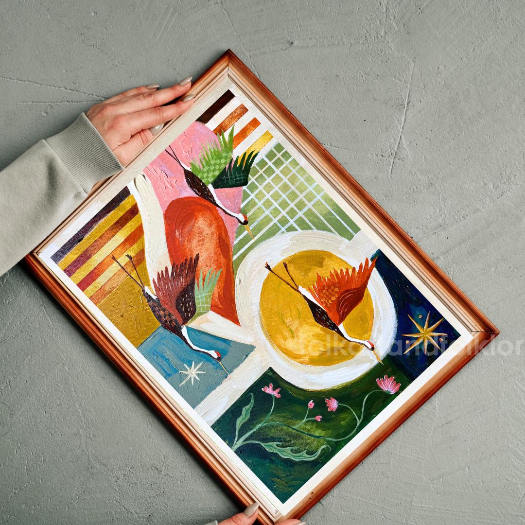 Mid Century Modern Cranes In Flight Art Print - Vibrant MCM Wall Decor Original Art Print